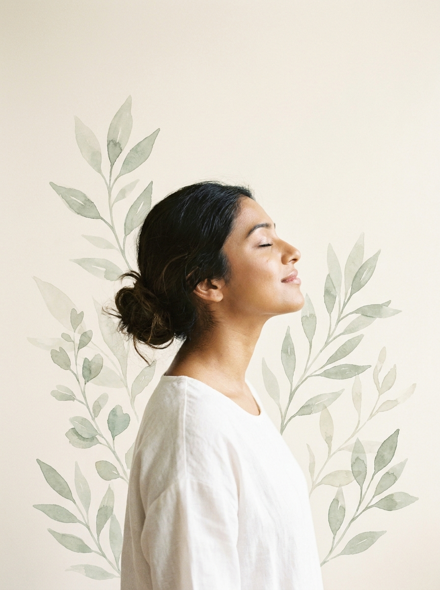 A woman breathing calmly, surrounded by soft watercolor leaves